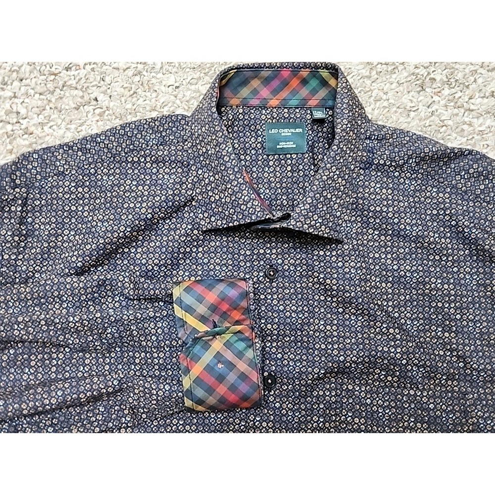 Leo Chevalier Design‎ Button Up Shirt Mens LT Navy Brown Print Non-Iron Cotton